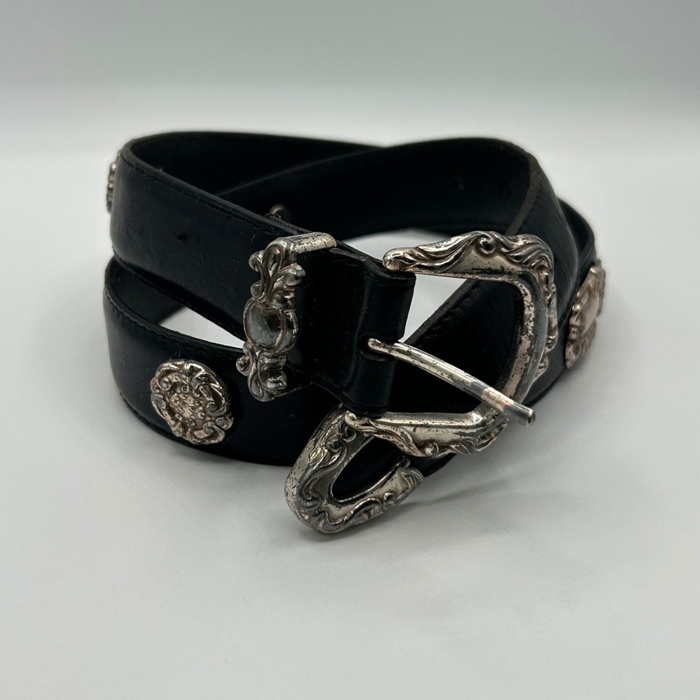 Fossil Black Leather Western Concho Belt Silver Engraved Buckle L B1770500103